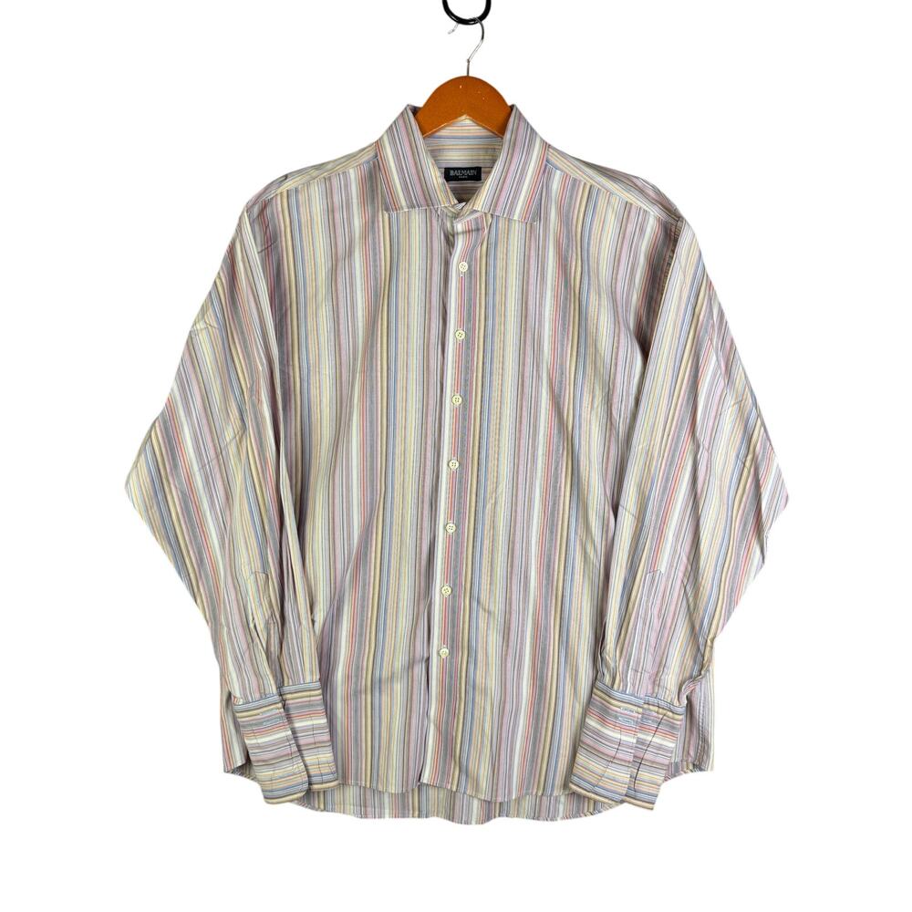 Balmain Paris Striped Luxery Button Up Dress Shirt Pink Multicolor Men 17 1/2 44